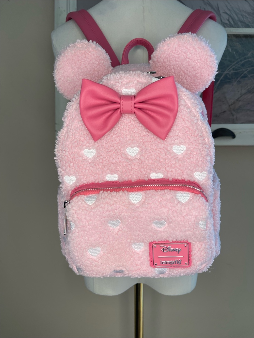 LOUNGEFLY Disney Scented Pink Sherpa Backpack with Bow and Heart Details